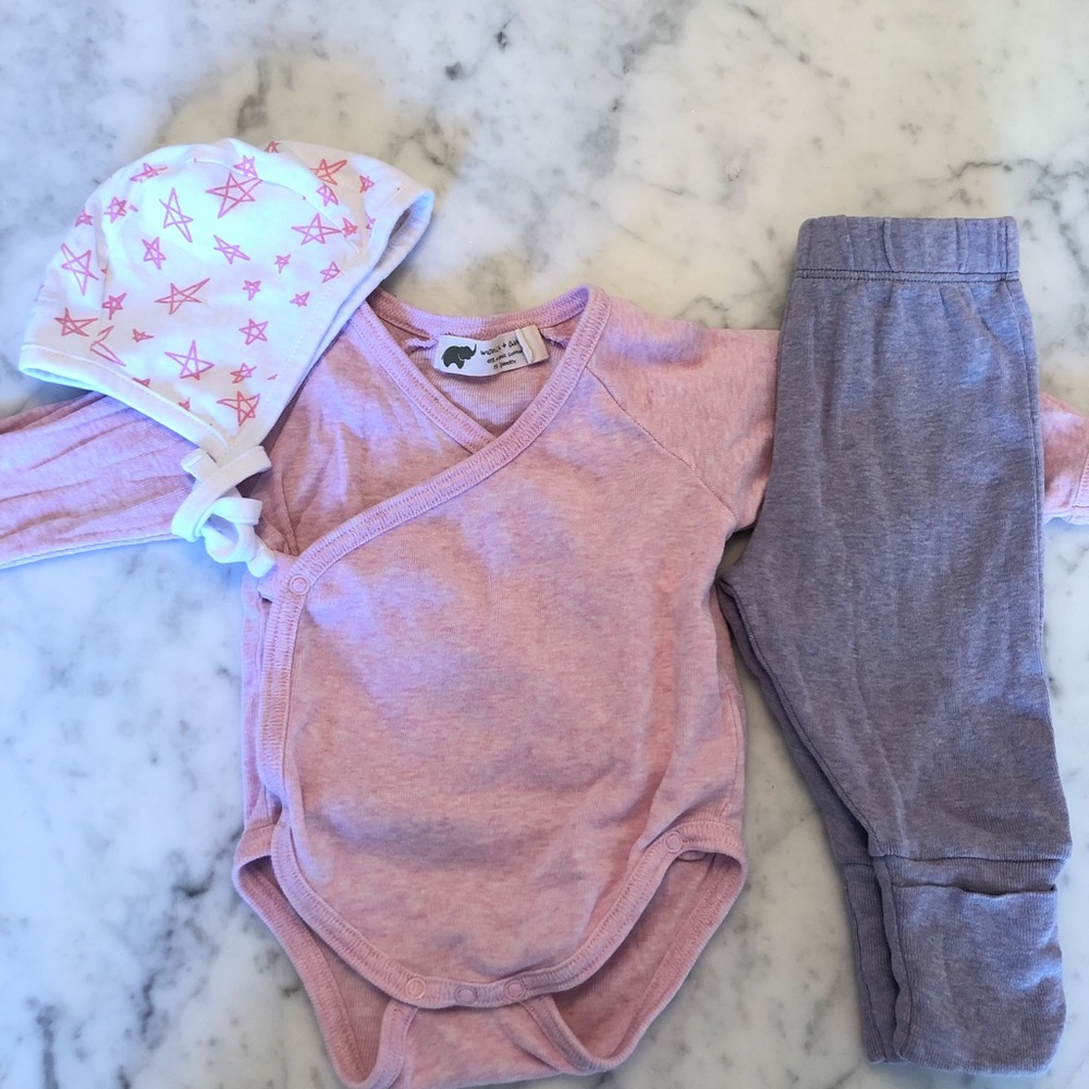 Monica & Andy kimono onesie, footie pant & bonnet